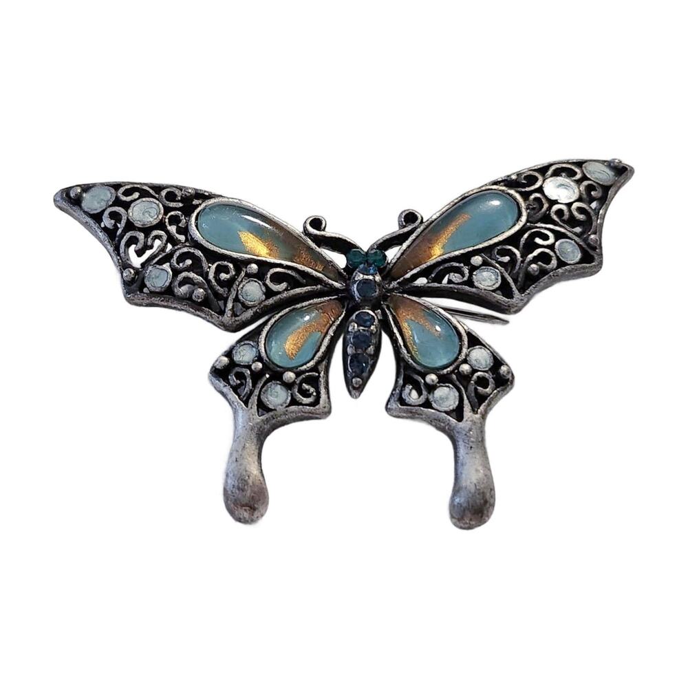 Vintage Blue Crystal Butterfly Brooch, 2.5" Wide